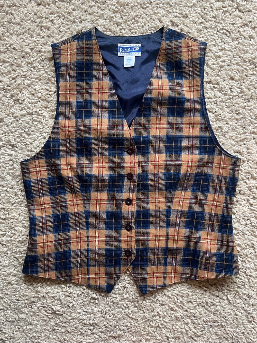 Vintage Pendleton Navy and Tan Plaid Wool Vest